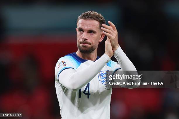 Jordan Henderson of England applauds the fans after the team's victory during the UEFA EURO 2024 European qualifier match between England and Italy...