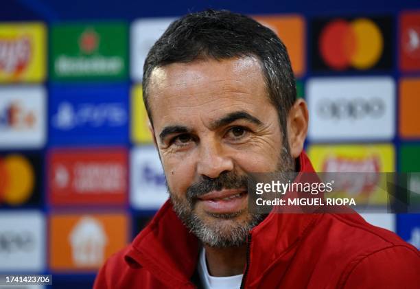 Sporting Braga's Portuguese coach Artur Jorge attends a press conference on the eve of the UEFA Champions League 1st round day 3 Group C football...