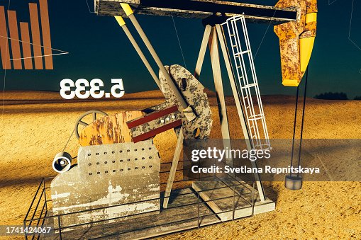 Statistical Rigged Graph Oil Field In The Desert At Sunset Drilling Rig And Pump Operation ...