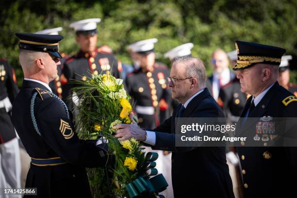 Prime Minister of Australia Anthony Albanese lays a wreath at the Tomb of the Unknown Soldier at Arlington National Cemetery October 23, 2023 in...