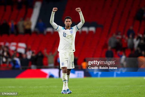 Jude Bellingham of England celebrates after his side's 3-1 of Bournemouth after their sides win during the UEFA EURO 2024 European qualifier match...