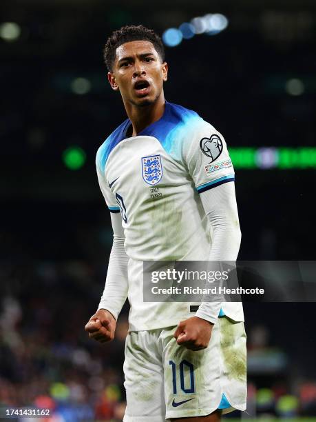 Jude Bellingham of England celebrates after Marcus Rashford of England scores the team's second goal during the UEFA EURO 2024 European qualifier...