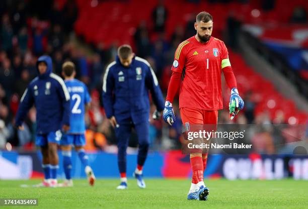 Gianluigi Donnarumma of Italy looks dejected following the team's defeat during the UEFA EURO 2024 European qualifier match between England and Italy...