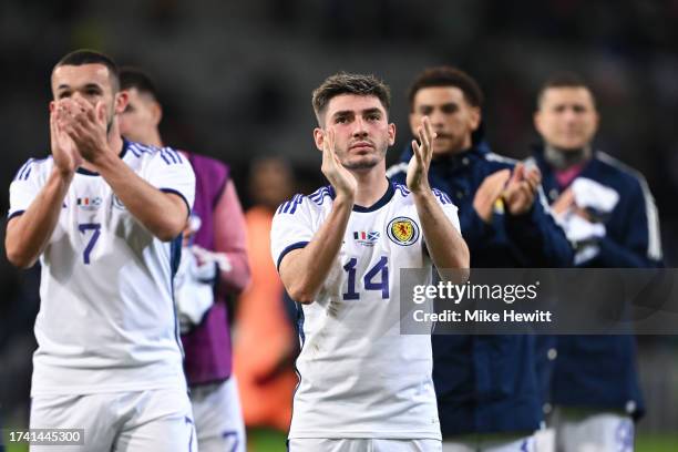 Billy Gilmour of Scotland acknowledges the fans after the team's defeat during the International Friendly between France and Scotland at Decathlon...