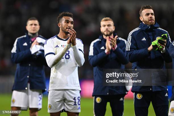 Jacob Brown of Scotland applauds the fans after the International Friendly between France and Scotland at Decathlon Arena on October 17, 2023 in...