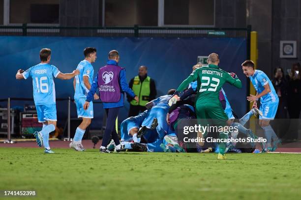 Golinucci Alessandro of San Marino celebrates after scoring his team's first goal with his teammates during the UEFA EURO 2024 European qualifier...