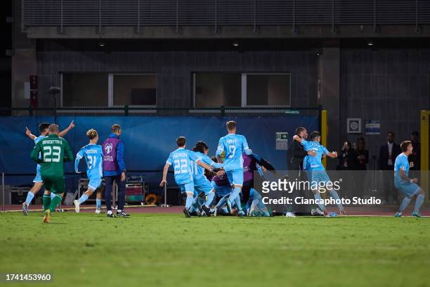 Golinucci Alessandro of San Marino celebrates after scoring his team's first goal with his teammates during the UEFA EURO 2024 European qualifier...