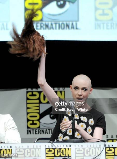 Actor Karen Gillan speaks onstage at Marvel Studios "Guardians of the Galaxy" during Comic-Con International 2013 at San Diego Convention Center on...