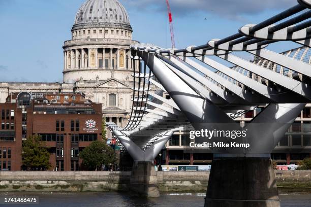 Millennium Bridge, which is currently closed to pedestrians due to planned maintainance, repairs and cleaning looking towards St Paul's Cathedral on...