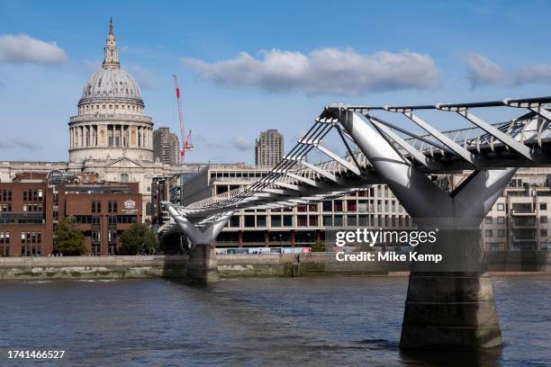 Millennium Bridge, which is currently closed to pedestrians due to planned maintainance, repairs and cleaning looking towards St Paul's Cathedral on...