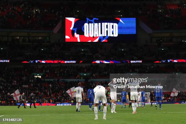 Players react as the message comfirming England's qualification for the 2024 Euros is displayed on the stadium screen following the final whistle of...