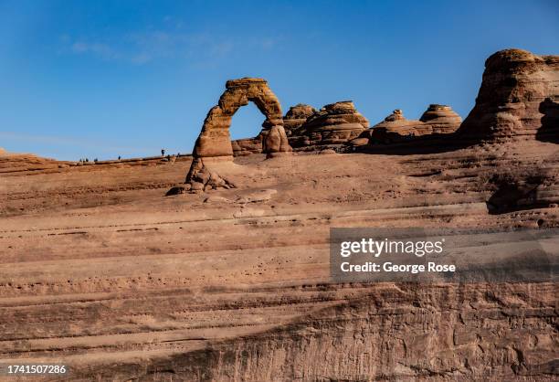 The iconic Delicate Arch at Arches National Park is viewed on October 3, 2023 near Moab, Utah. Arches National Park, one of the Fabulous Five Utah...