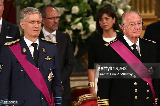 Prince Philippe of Belgium and King Albert II of Belgium seen inside after the Abdication Ceremony Of King Albert II Of Belgium, & Inauguration Of...