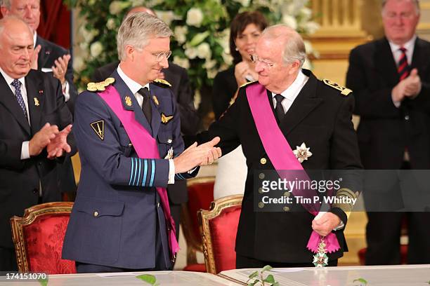 Prince Philippe of Belgium and father King Albert II of Belgium seen at the Abdication Ceremony Of King Albert II Of Belgium, & Inauguration Of King...