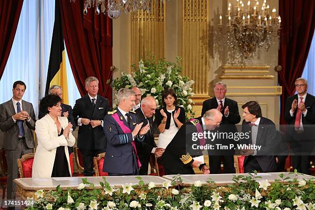Annemie Turtelboom, Prince Philippe of Belgium, King Albert II of Belgium and Elio Di Rupo seen inside at the Abdication Ceremony Of King Albert II...