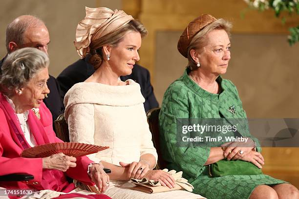 Queen Fabiola of Belgium, Princess Mathilde of Belgium and Queen Paola of Belgium seen during the Abdication Of King Albert II Of Belgium, &...