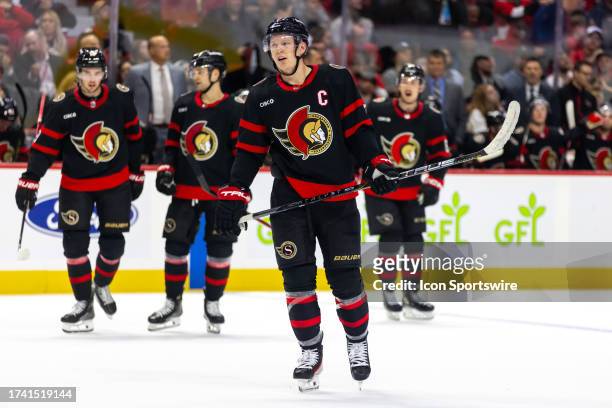 Ottawa Senators Left Wing Brady Tkachuk before a face-off during second period National Hockey League action between the Detroit Red Wings and Ottawa...