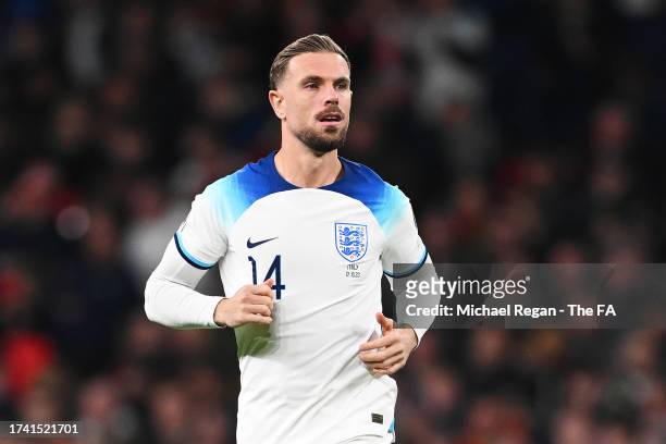 Jordan Henderson of England looks on during the UEFA EURO 2024 European qualifier match between England and Italy at Wembley Stadium on October 17,...
