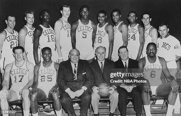 The 1965-66 NBA Champion Boston Celtics Seated : John Havilcek, K.C. Jones, Marvin Kratter, Chairman of the board: Coach Red Auerbach, President John...