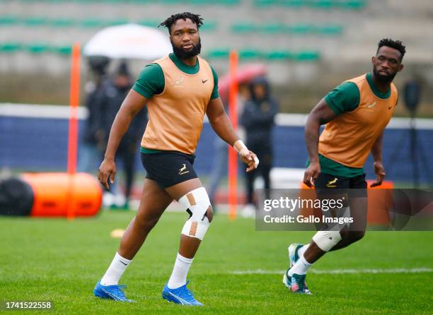 Lukhanyo Am of South Africa during the South Africa men's national rugby team training session at Stade des Fauvettes on October 23, 2023 in Domont,...