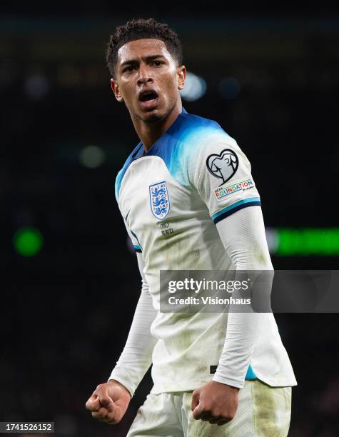 Jude Bellingham of England celebrates his assist for Marcus Rashford's goal during the UEFA EURO 2024 European qualifier match between England and...