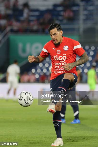 Gustavo Gomez of Paraguay controls the ball during warm up prior the FIFA World Cup 2026 Qualifier match between Paraguay and Bolivia at Estadio...