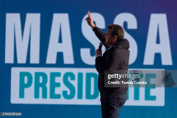 Presidential candidate of Union Por La Patria and current Minister of Economy Sergio Massa speaks to supporters during a rally to commemorate...