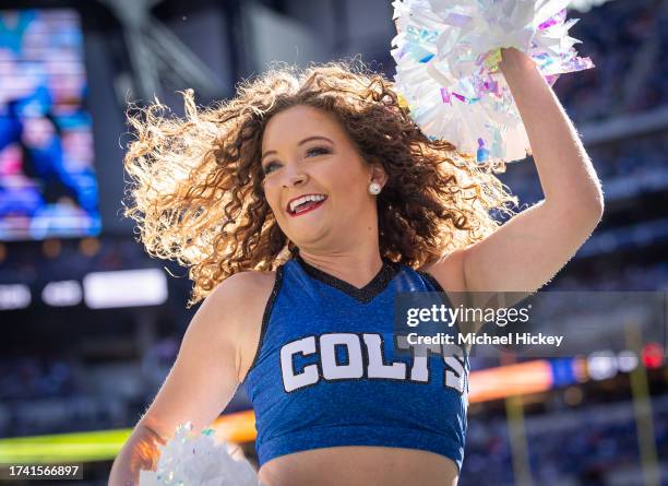 An Indianapolis Colts cheerleader dances during the game against the Cleveland Browns at Lucas Oil Stadium on October 22, 2023 in Indianapolis,...