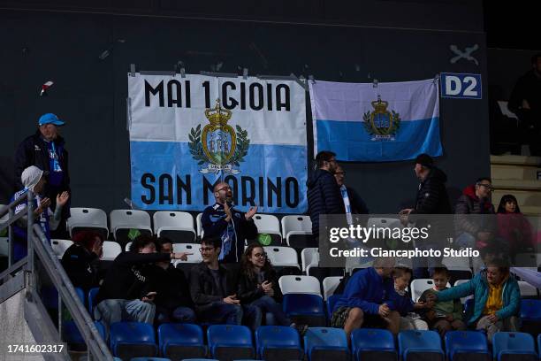 Group "Mai una Gioia San Marino" of fans of San Marino during the UEFA EURO 2024 European qualifier match between San Marino and Denmark at San...