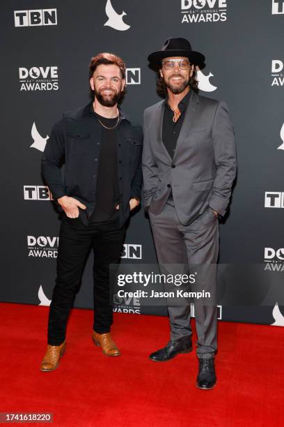 Dylan Scott and Jason Crabb attend the 54th Annual GMA Dove Awards at Lipscomb Allen Arena on October 17, 2023 in Nashville, Tennessee.