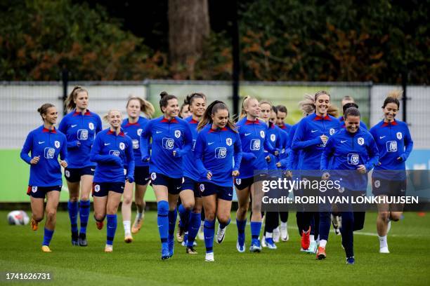 Netherlands' players attend a training session in Zeist, on October 23, 2023 ahead of the UEFA Women's Nations League football match against Scotland...