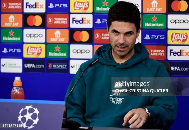 Arsenal's Spanish coach Mikel Arteta holds a press conference at the Ramon Sanchez Pizjuan stadium in Seville on October 23 on the eve of the UEFA...