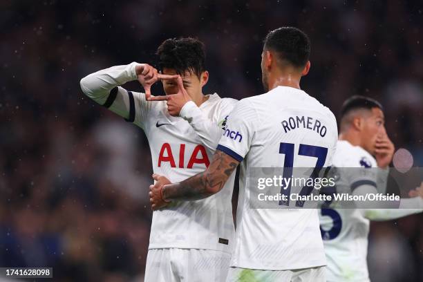 Son Heung-Min of Tottenham Hotspur celebrates their first goal during the Premier League match between Tottenham Hotspur and Fulham FC at Tottenham...