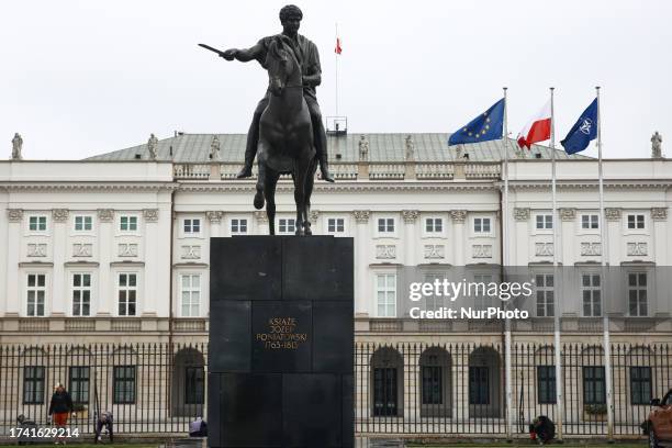 View of the Presidential Palace and the Prince Jozef Poniatowski Monument in Warsaw, Poland on October 23, 2023.