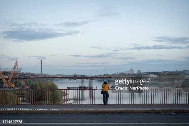 Lone person is seen with a view over the Vistula river looking South on 23 October, 2023 in Warsaw, Poland.