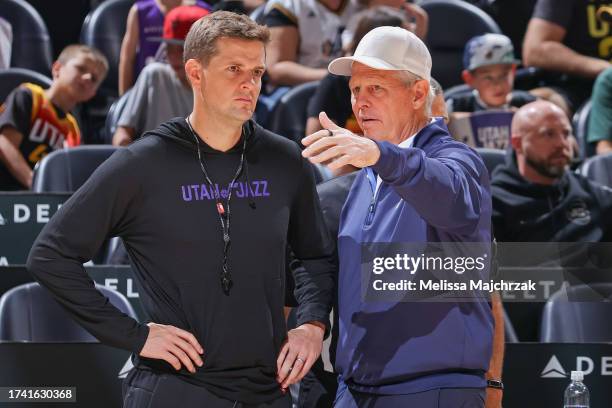 Danny Ainge CEO and Will Hardy Head Coach of the Utah Jazz talk during an open scrimmage to the public at Delta Center on October 21, 2023 in Salt...