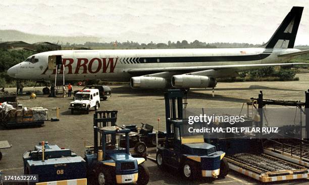 This ARROW airplane stays at the Bonilla Aragon airport of Cali, Colombia, 04 April 2001 as two stowaway died in the aircraft as a result of an...