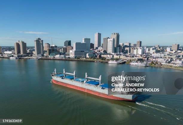 Cargo ship navigates the Mississippi river in New Orleans, Louisiana on October 19, 2023. For the second straight year this largest North American...