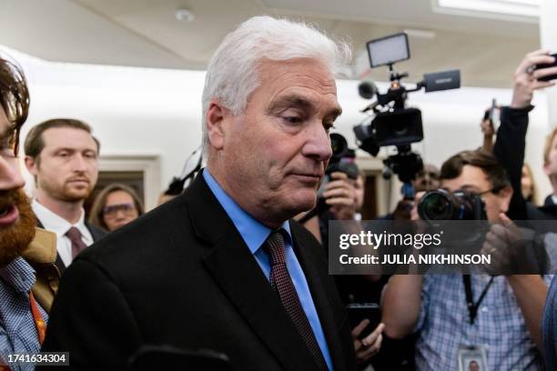 Representative Tom Emmer departs a House Republicans caucus meeting at the Longworth House Office Building on Capitol Hill in Washington, DC, on...