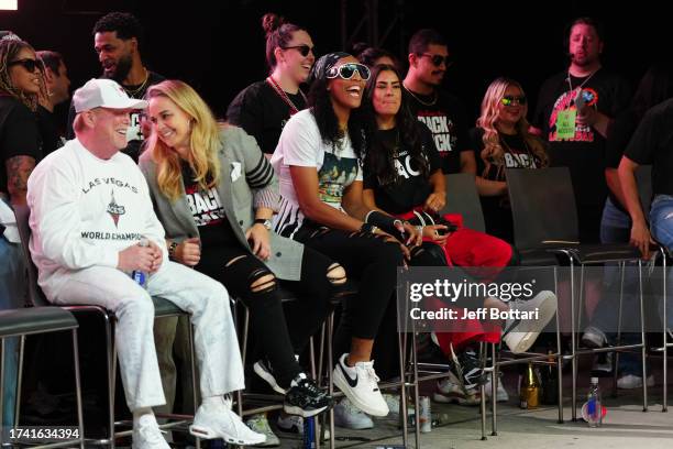 The Las Vegas Aces celebrate during the 2023 WNBA championship victory parade and rally on the Las Vegas Strip on October 23, 2023 in Las Vegas,...