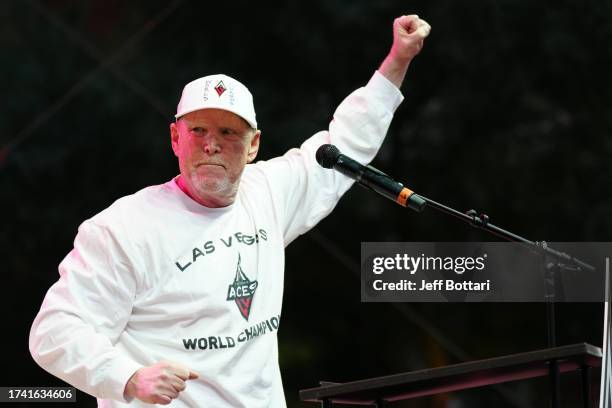 Las Vegas Aces owner, Mark Davis, celebrate during the 2023 WNBA championship victory parade and rally on the Las Vegas Strip on October 23, 2023 in...