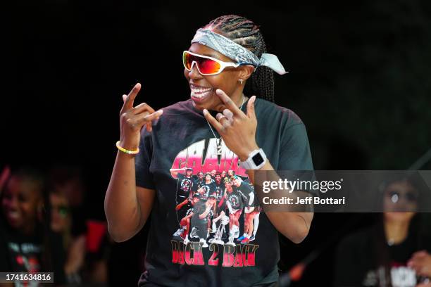 Chelsea Gray of the Las Vegas Aces celebrates during the 2023 WNBA championship victory parade and rally on the Las Vegas Strip on October 23, 2023...