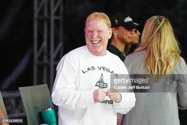 Las Vegas Aces owner, Mark Davis, celebrate during the 2023 WNBA championship victory parade and rally on the Las Vegas Strip on October 23, 2023 in...