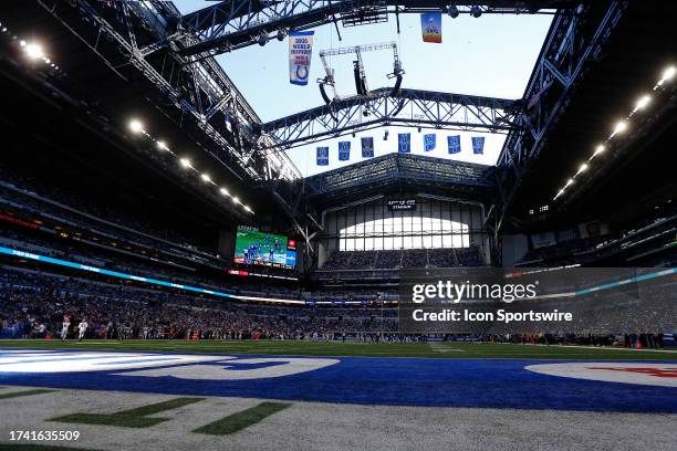 General view of Lucas Oil Stadium from the end zone during a NFL game between the Cleveland Browns and the Indianapolis Colts on October 22, 2023 at...