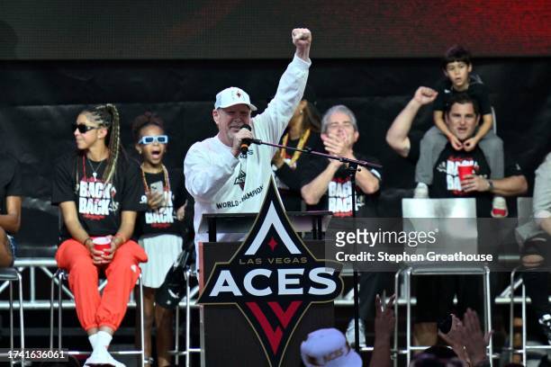 Mark Davis celebrates during the 2023 WNBA championship victory parade and rally on the Las Vegas Strip on October 23, 2023 in Las Vegas, Nevada....