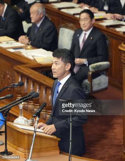 Kenta Izumi , chief of the main opposition Constitutional Democratic Party of Japan, speaks at a House of Representatives plenary session in Tokyo on...