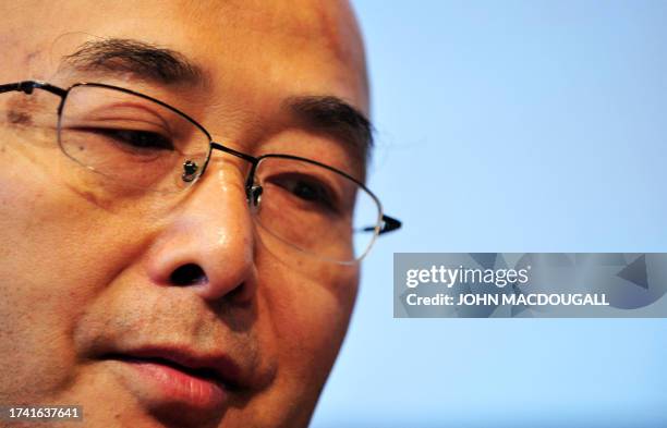 Chinese dissident writer Liao Yiwu addresses a press conference in Berlin on September 16, 2010. Liao, who was prevented by the Chinese authorities...