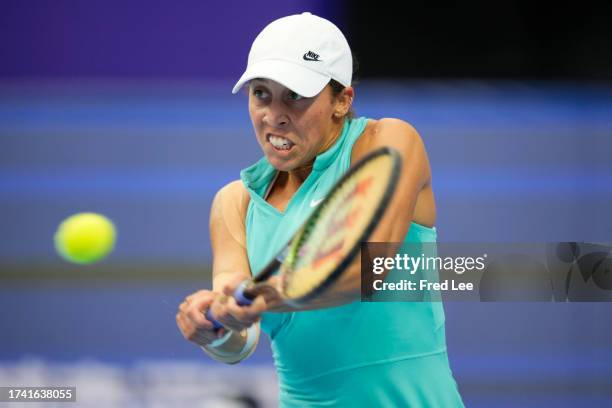 Madison Keys of United States in action against Beatriz Haddad Maia of Brazil in the women's singles 1st round match on Day 1 of the WTA Elite Trophy...