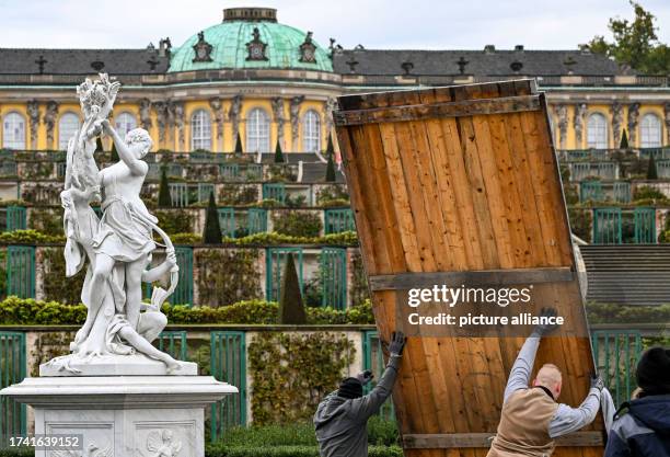 October 2023, Brandenburg, Potsdam: Carpenters and joiners from the Harness Yard of the Prussian Palaces and Gardens Foundation Berlin-Brandenburg...