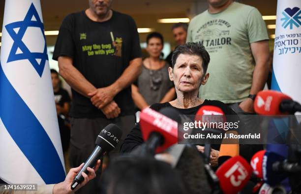 Yocheved Lifshitz speaks to the media outside Ichilov Hospital after she was released by Hamas last night, on October 24, 2023 in Tel Aviv, Israel....